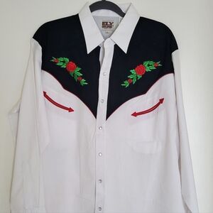 Ely Cattleman Black and White Floral Embroidered Shirt Mens XL